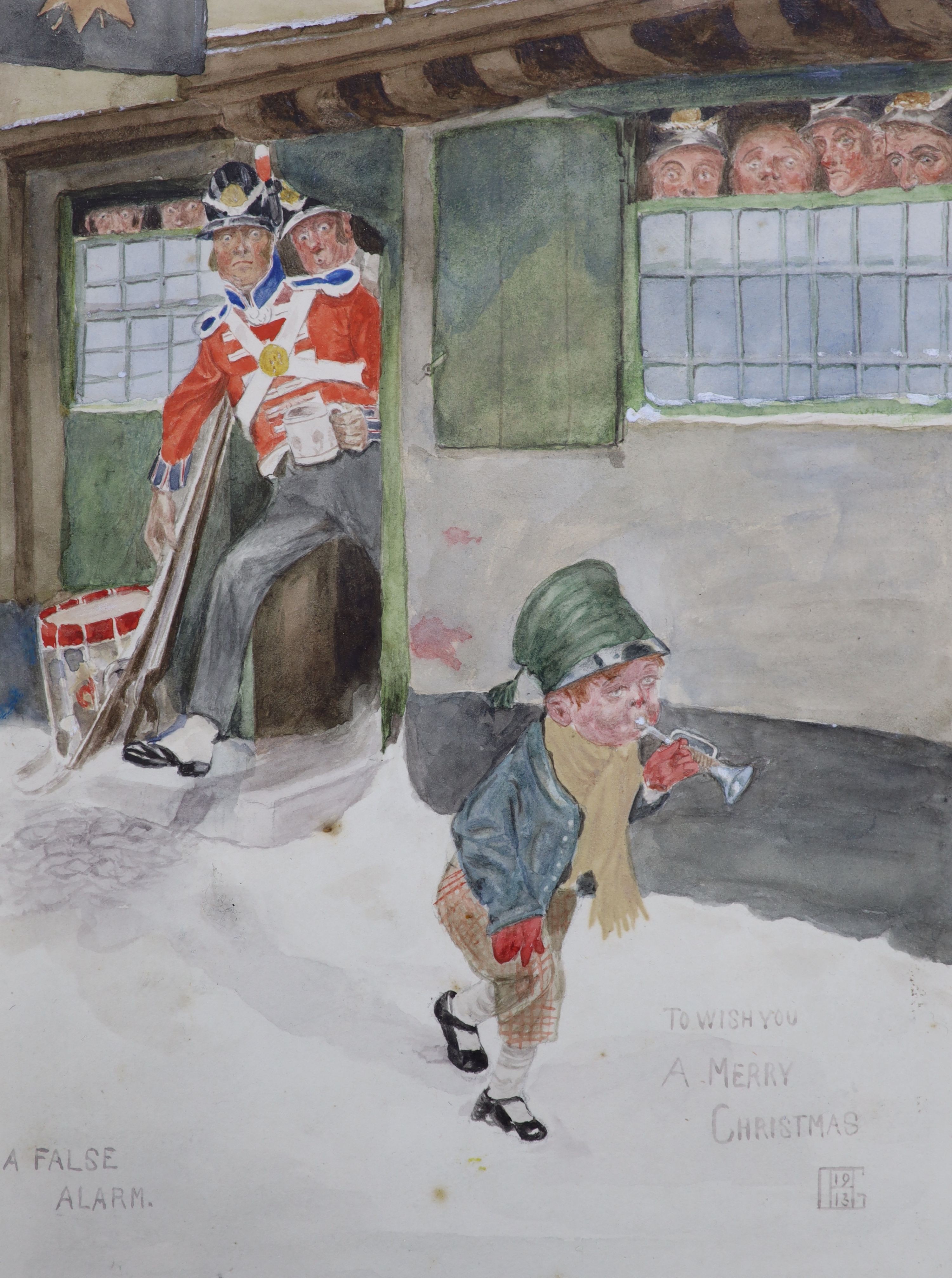 English School 1913, watercolour, 'A False Alarm', monogrammed and inscribed 'Merry Christmas', 21 x 16cm, and an overpainted print of a Cardinal, 20 x 7.5cm